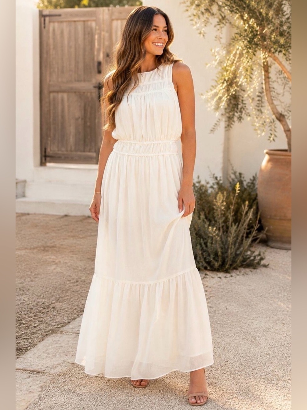 A New Day Cream Chiffon Tiered Maxi Dress M NWT Boho Cottagecore Summer